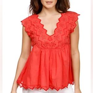 Lucky Brand Red Eyelet Embroidered Scalloped Hem V Neck Boho Top